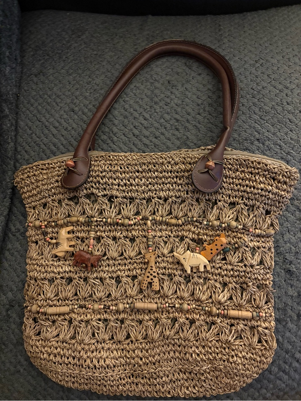 Vintage wooden animal Woven Straw Tote Bag with Brown Handles